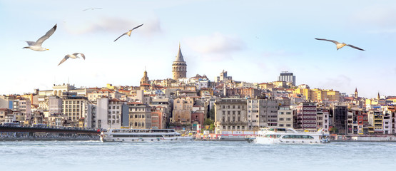Naklejka premium Panorama of Istanbul with Galata Tower at skyline and seagulls over the sea, wide landscape of Golden Horn, travel background for billboard