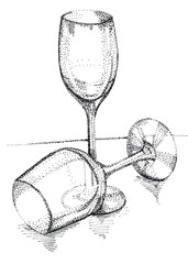 Two hand dot drawn black and white transparent wine elegant glasses