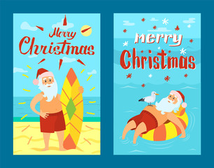 Merry Christmas Santa Claus and surfing board, Xmas character on summer rest. Vector Saint Nicholas surfer in tropical country, man on lifebuoy, vector