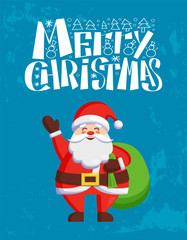 Merry Christmas greeting card Father Frost ready to give surprises with green bag full of presents. Santa Claus congratulates everyone with New Year