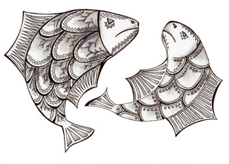 Inkpen graphic  hand drawn black and white two fish