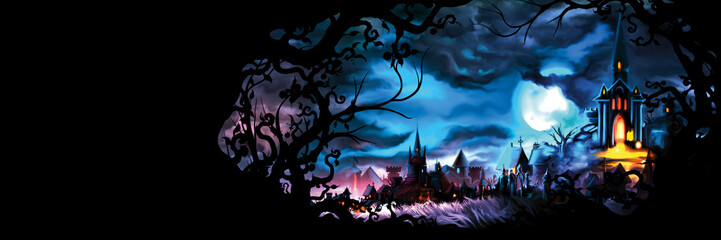 Fantasy medieval cityscape banner/ Background with a fable old town with lights and a frame with branches