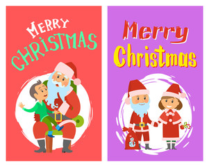Merry Christmas, Santa Claus and helper in costumes, Snow maiden and child telling wishes to Father Frost vector in round brush frame. Xmas winter greeting cards
