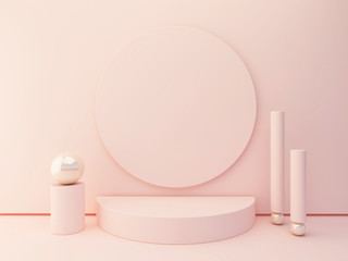 Podium Minimal 3d. Pink and pastel colors mock up. abstract background. Group of set. Scene with geometrical forms.  Circular model.  Decorative detail in metal.