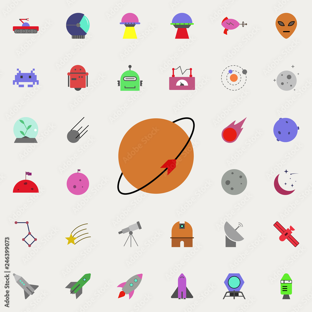 Poster planet with a companion colored icon. colored space icons universal set for web and mobile