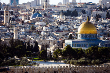 Stunning view of the beautiful Dome of the Rock seen from the Mount of Olives in Jerusalem. The Dome of the Rock is an Islamic shrine located on the Temple Mount in the Old City of Jerusalem.