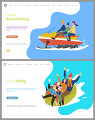 Snow tubing winter activities for family people vector. Snowmobiling, snowmobile with father mother and child, slopes downhill, wintertime season