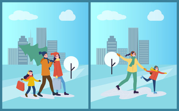 Ice skating of mother and daughter, winter activity vector. Family day, preparation for Christmas holiday, father carrying pine tree bought on market
