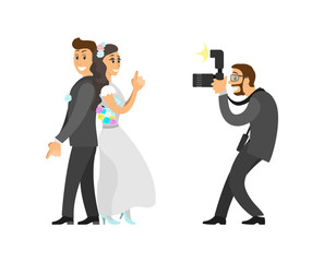 Photographer taking photo of newlywed with digital camera that has flashlight. Groom and bride posing for photography vector illustration isolated.