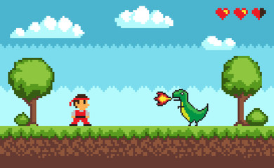 Standing man near tree and bush on grass near big dragon with fire. Colorful level of pixel game on outdoor with symbols hearts and clouds vector © robu_s