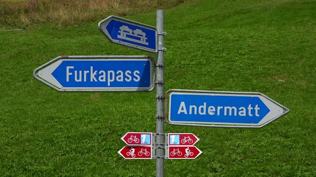 Signs in Realp, Canton Uri, Switzerland, Europe