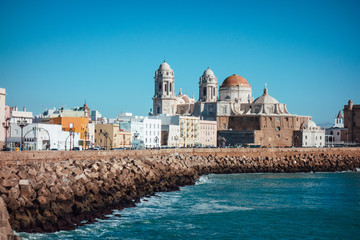 The seafront promenade of Cadiz with the Cathedral in the Background. Andalusia, Spain. © Lia Aramburu