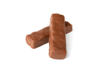 Chocolate bar with caramel and peanut isolated on white background. 