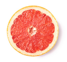 A slice of ripe fresh grapefruit. Top view. Cut out.