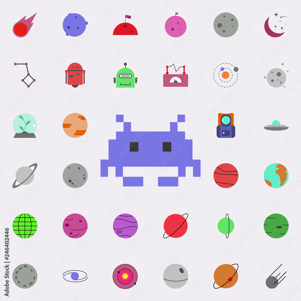 Poster pixel figure colored icon. colored space icons universal set for web and mobile