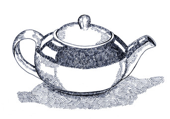 Ink pen hand drawn  ceramic teapot