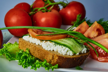 sandwich with cheese and sliced tomato cucumbers, lying on a white plate, decorated with green onions, standing on the old wooden table