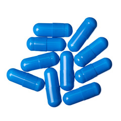Capsule pills medicine pharmacy blue on white background isolation, top view