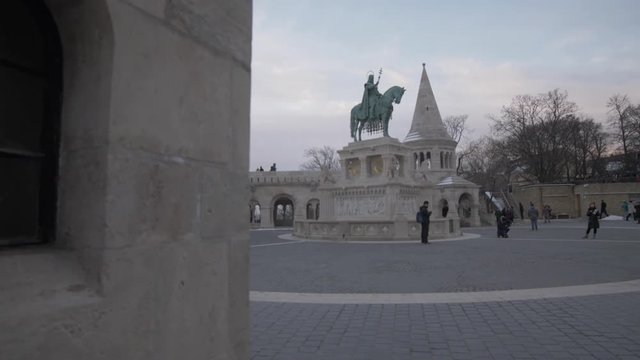 St. Istvan Szobra statue and Fishermans Bastion during winter, Castle District, UNESCO World Heritage Site, Budapest, Hungary, Europe