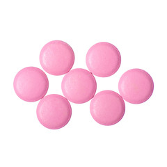 Pills medicine pharmacy pink on white background isolation, top view