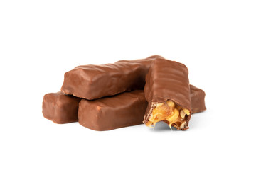 Chocolate bar with caramel and peanut isolated on white background. 