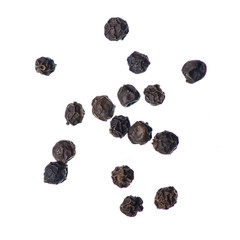 Black pepper spice on a white background isolation, top view