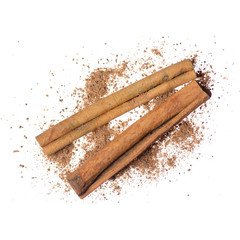 Cinnamon Sticks spice food on white backgrouns isolation, top view