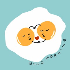 Fired eggs hug and kiss and good morning word cartoon vector illustration on blue background