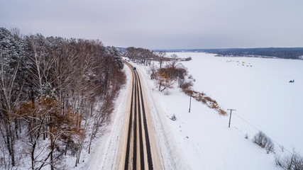 Aerial View of the Snow Road in Winter