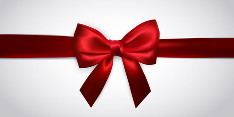 Realistic red bow with red ribbons isolated on white. Element for decoration gifts, greetings, holidays. Vector illustration