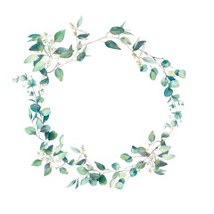 Watercolor eucalyptus branches wreath. Hand painted floral clip art: round frame isolated on white background.
