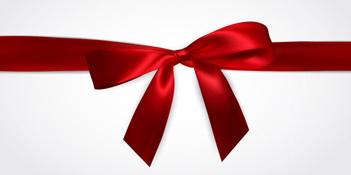 Realistic red bow with red ribbons isolated on white. Element for decoration gifts, greetings, holidays. Vector illustration