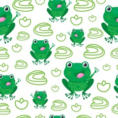 Funny frog on the swamp between leaves seamless pattern. Happy animal. Vector illustration, cartoon baby style.