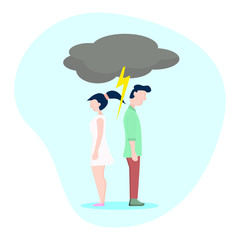 Quarrel. Unhappy couple. Flat style character vector illustration. Angry man and woman characters quarreling. People during conflict or disagreement. Quarreled couple.