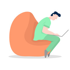 Business man. Freelancer guy on a bean bag chair. Flat vector illustration on white background. Home workplace. Job online. Internet. Young man working on laptop computer. Flat cartoon. 