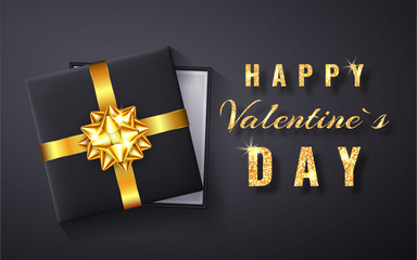 Happy Valentines Day Golden glitter sparkle. Gift box with bow and ribbon top view. Vector illustration