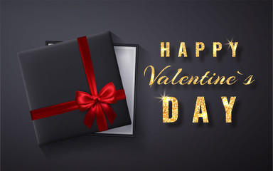 Happy Valentines Day Golden glitter sparkle. Gift box with bow and ribbon top view. Vector illustration