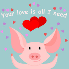 Happy Valentines day greeting card. Cute pig cartoon with heart. Cute pigs with little pink heart cartoon vector.