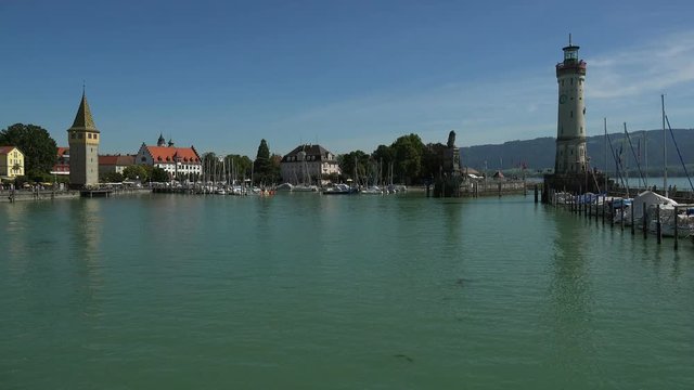 Harbour Entrance with Lighthouse, Mang Tower and Lion Statue, Lindau, Lake Constance, Swabia, Bavaria, Germany