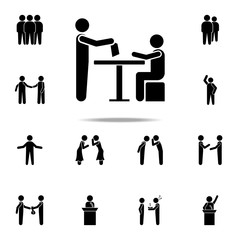 transfer documents to the seated person icon. Conversation icons universal set for web and mobile