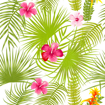Tropical vector seamless pattern with pink flowers.