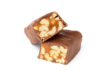 Chocolate bar with caramel and peanut isolated on white background. 