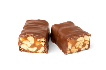 Chocolate bar with caramel and peanut isolated on white background. 