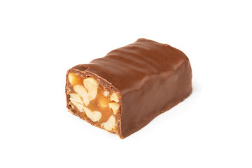 Chocolate bar with caramel and peanut isolated on white background. 