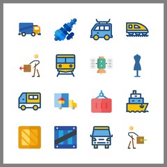 16 cargo icon. Vector illustration cargo set. distribution and delivery truck icons for cargo works