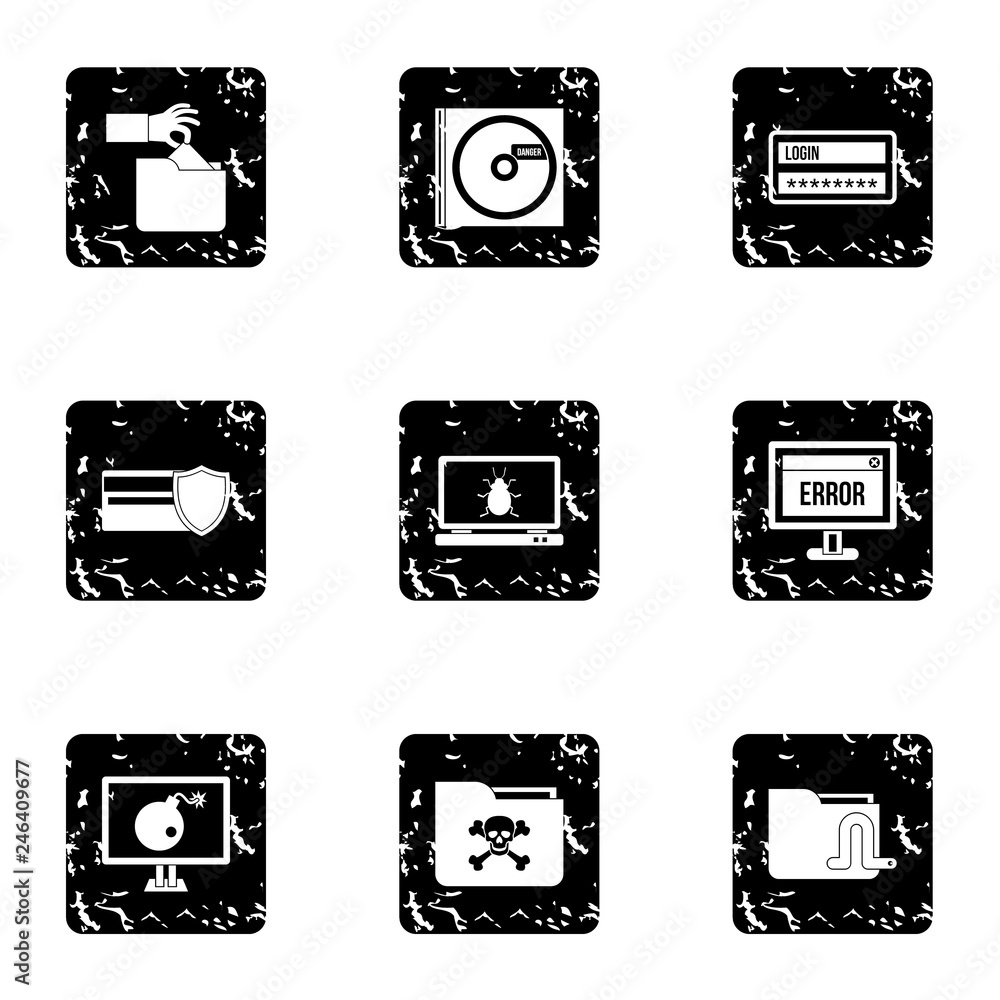 Poster ddos attack icons set. grunge illustration of 9 ddos attack vector icons for web