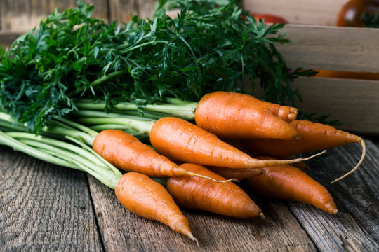 Fresh organic carrots on rustic table