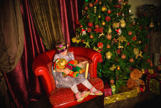 christmas tree, girl and gifts 