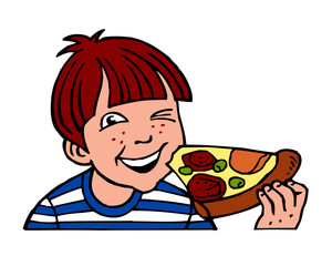 red-haired boy with a marine t-shirt, eating pizza and blinking his eye