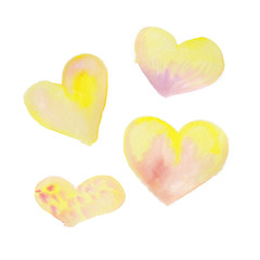 Set of yellow and orange watercolor heart, hand drawn, isolated on white background